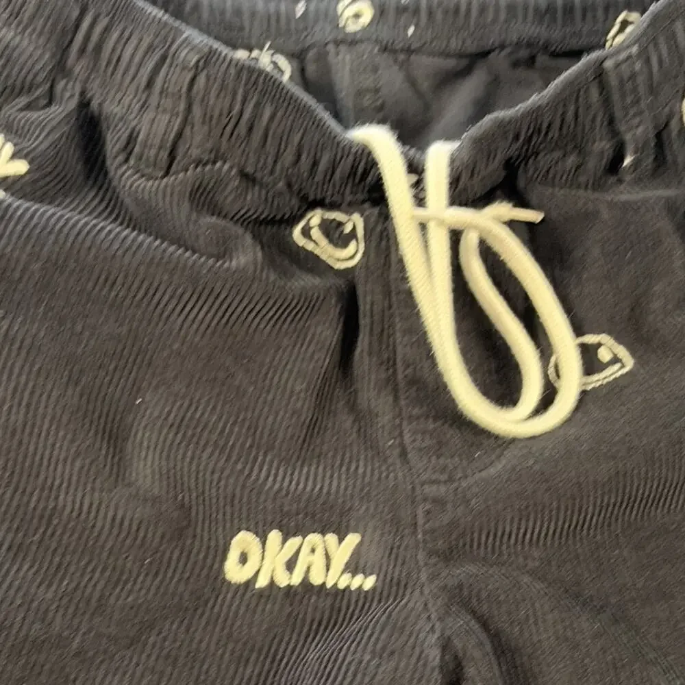 Men’s Black Corduroy Drawstring Pants Embroidered Graphic Logo Straight Leg 32